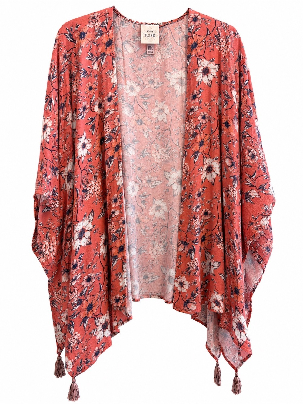 Knox Rose Floral Tassel Kimono Cardigan Coral Boho XL XXL Duster Wrap - Picture 1 of 5
